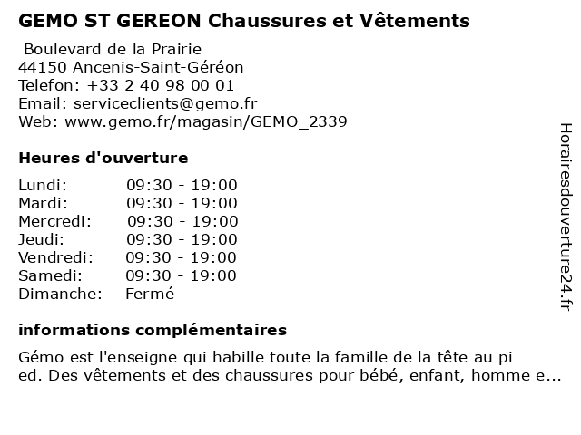 Horaires d ouverture GEMO ST GEREON Chaussures et V tements